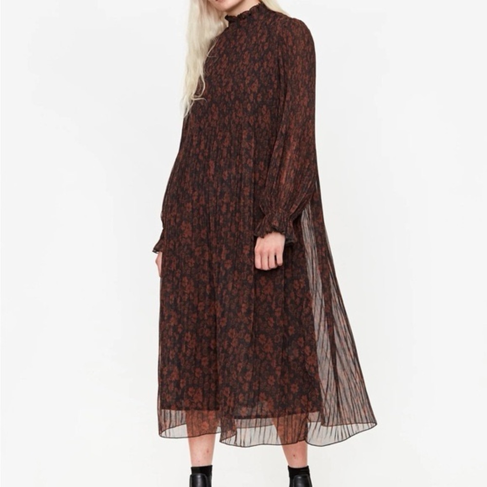 Ganni Pleated Georgette Midi Dress French Roast Size 34/Extra Small